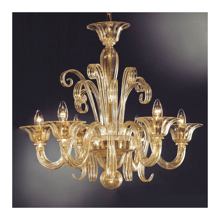 Clary - Lustre 6 lumières en verre de Murano Tout or.