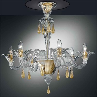 Aquileia - Lámpara de cristal de Murano transparente/oro 6 luces