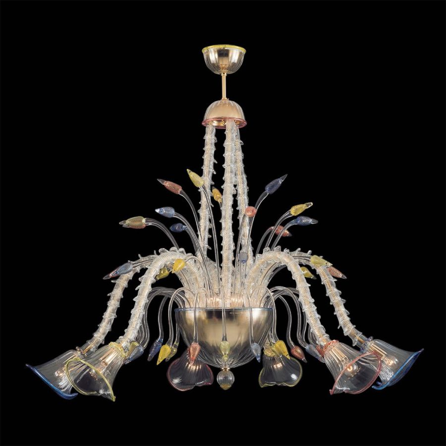 Cartesio - Lámpara 6 luces en cristal de Murano transparente-policromado