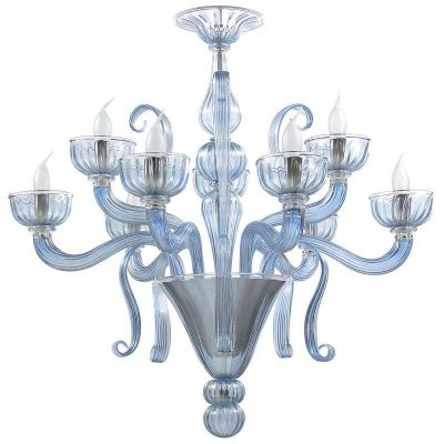 Serenella - Lustre 8 lumières en verre de Murano bleu ciel transparent.