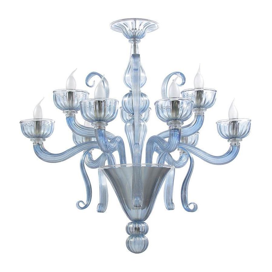 Serenella - Lámpara 8 luces en cristal de Murano azul cielo transparente.
