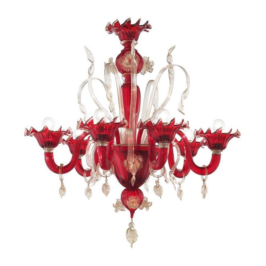 Casanova - Lámpara de cristal de Murano rojo-dorado con 6 luces.