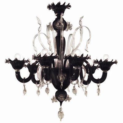 Casanova - Lámpara de araña de cristal de Murano negro-oro con 6 luces.