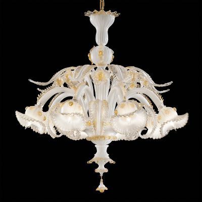 Dandolo - Lámpara de cristal de Murano seda blanca/oro con 6 luces
