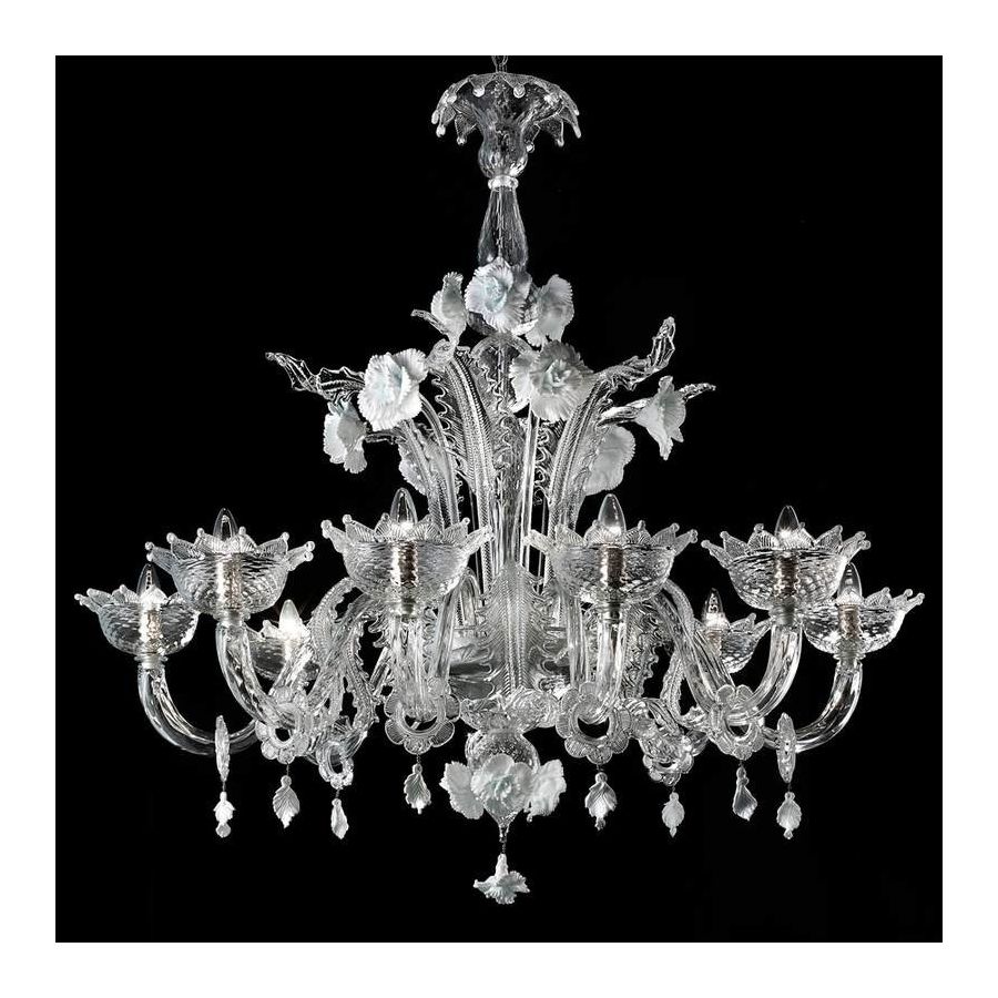 Biancaneve – Kronleuchter mit 8 Lichtern, aus transparentem/weißem Muranoglas.