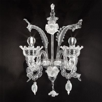Biancaneve – Wandleuchte mit 2 Lichtern aus transparentem/weißem Muranoglas.