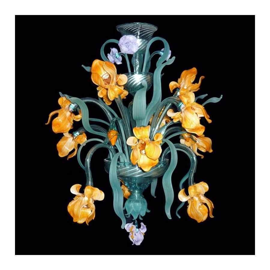 Iris Fiori arancio - Lampadario in vetro di Murano