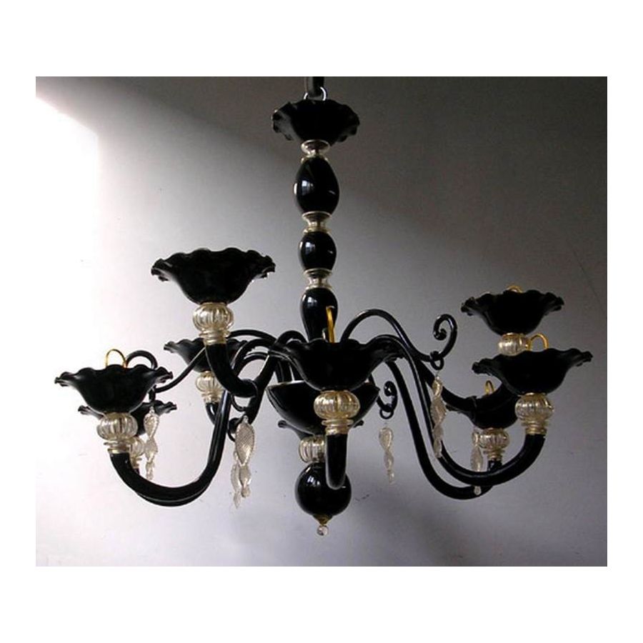 Perles noires - Lustre 8 lumières en verre de Murano