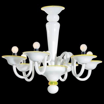Bianca – Lampe mit 6 Lichter aus weißem Glas mit gelben Oberflächen.