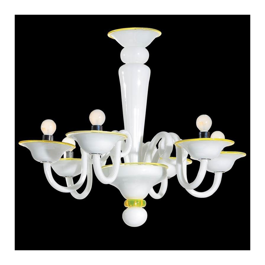 Bianca – Lampe mit 6 Lichter aus weißem Glas mit gelben Oberflächen. Bianca – Lampe mit 6 Lichter aus weißem Glas mit gelben Oberflächen.