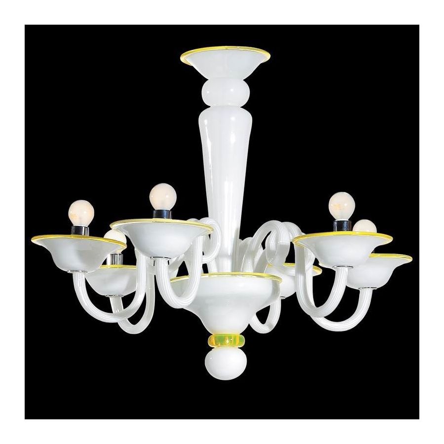 Bianca – Lampe mit 6 Lichter aus weißem Glas mit gelben Oberflächen.