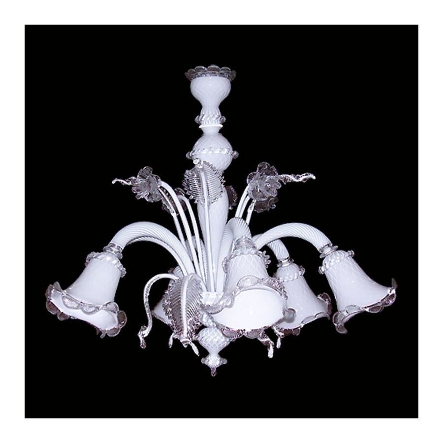 Z011- Araña de cristal de Murano con 5 luces, blanco transparente