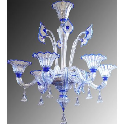 26/6 - Lustre 6 lumières en verre de Murano transparent/bleu