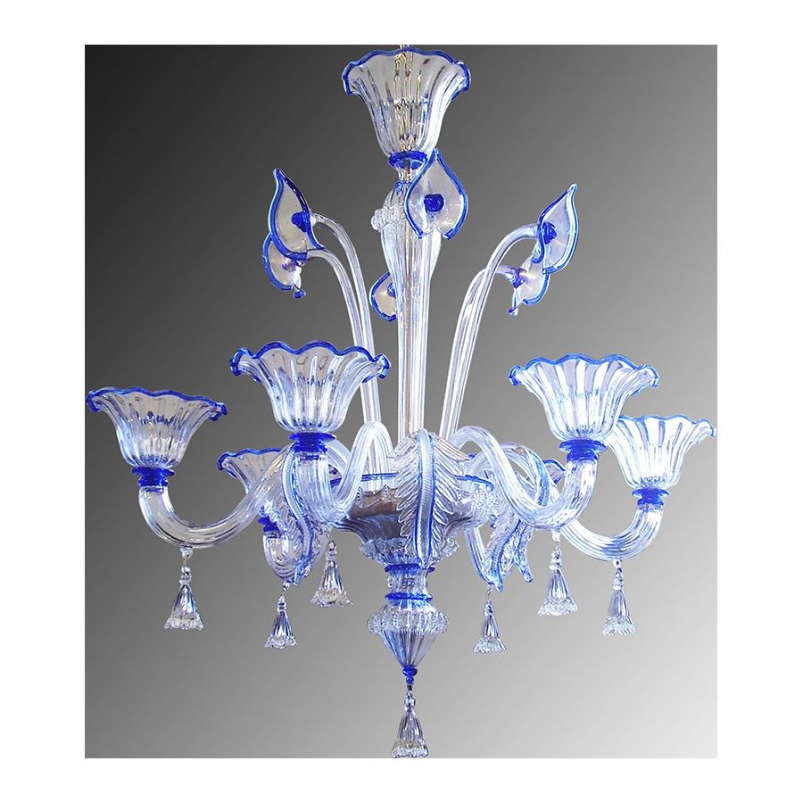 26/6 - Kronleuchter mit 6 Lichtern aus transparentem/blauem Muranoglas
