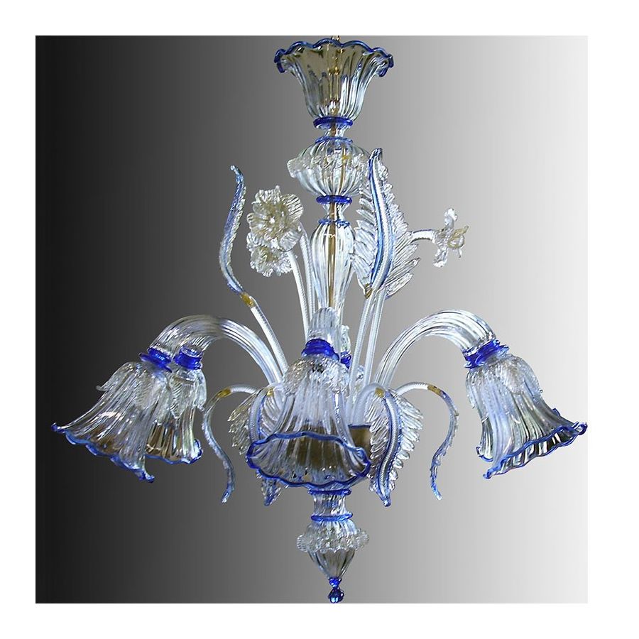 25/6 - Kronleuchter mit 6 Lichtern aus transparentem/blauem Muranoglas