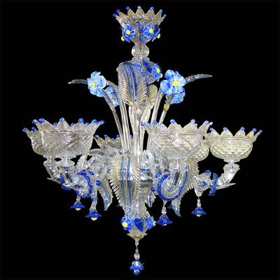 24/6 – Kronleuchter mit 6 Lichtern aus transparentem/blauem Muranoglas