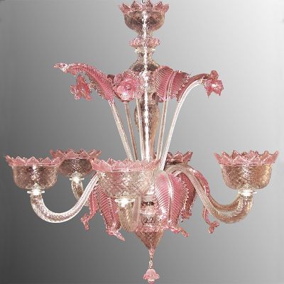 22/6 - Araña de 6 luces en cristal de Murano transparente/rosa