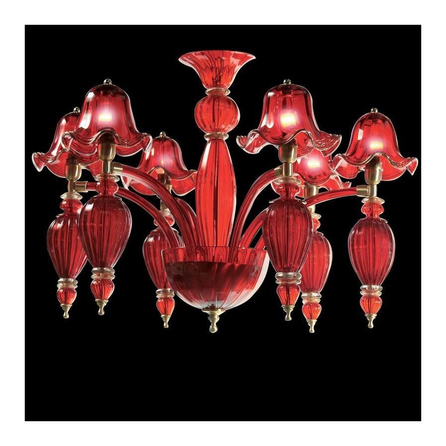 Dogaressa – Kronleuchter aus rotem Muranoglas mit 6 Lichter, Gold-Finish.