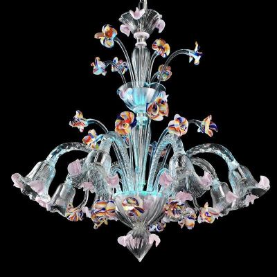 La Fenice – 8-lichter Kronleuchter mit Cimiere aus transparentem polychromem Glas