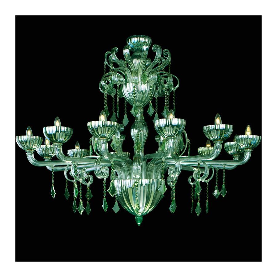Vignole - Lustre 12 lumières en verre vert et pampilles Swarovski