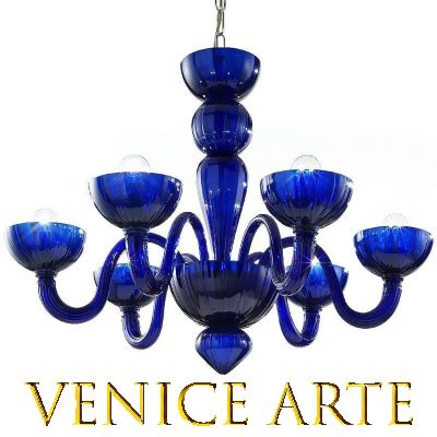 Malamocco - Lámpara de cristal de Murano azul con 6 luces