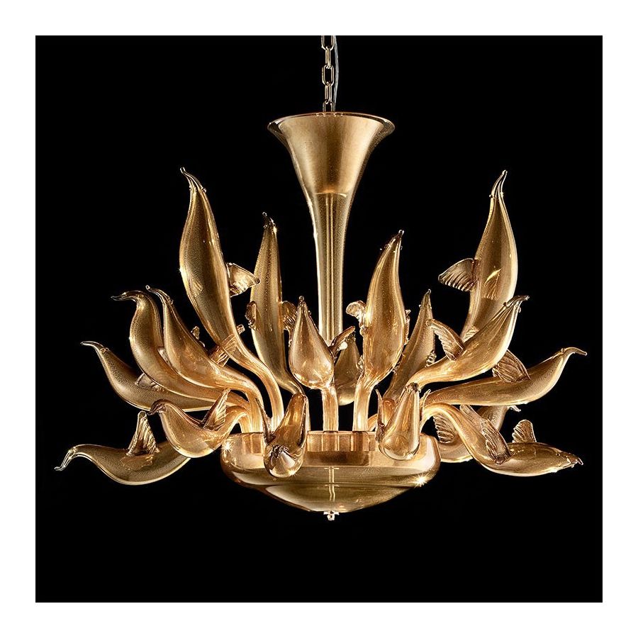 Golden birds - Lámpara de cristal de Murano de 18 luces, todo en oro de 24 quilates