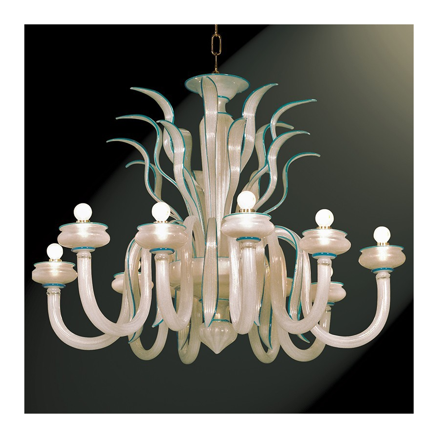 Angeli - 10 Lichter Kronleuchter aus Muranoglas, seidenweiß/grün Angeli - 10 Lichter Kronleuchter aus Muranoglas, seidenweiß/grün